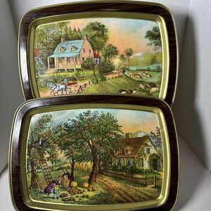 Lot of 2 American Homestead Summer & Autumn Hand Painted Wooden Tin Trays Plates
